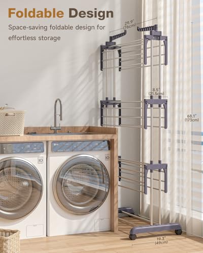 Bigzzia Clothes Drying Rack Folding with Wheels Drying Rack Clothing Clothes Horses Rack Stainless Steel Laundry Drying Rack with Two Side Wings 4 Tier Grey