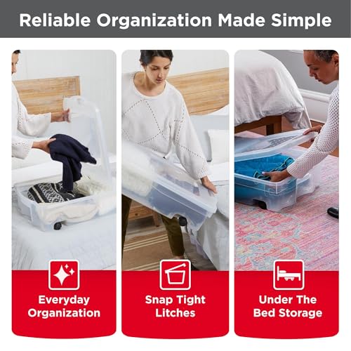 Rubbermaid 68 Quart Under the Bed Low Profile Storage Boxes with Dual Hinged Lids and Easy Rolling Caster Wheels, Clear, 2 Pack