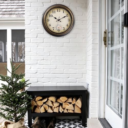 Outdoor Clocks Waterproof with Thermometer Vintage Wall Clock Decor for Bathroom Patio Pool Garden(12 Inch)