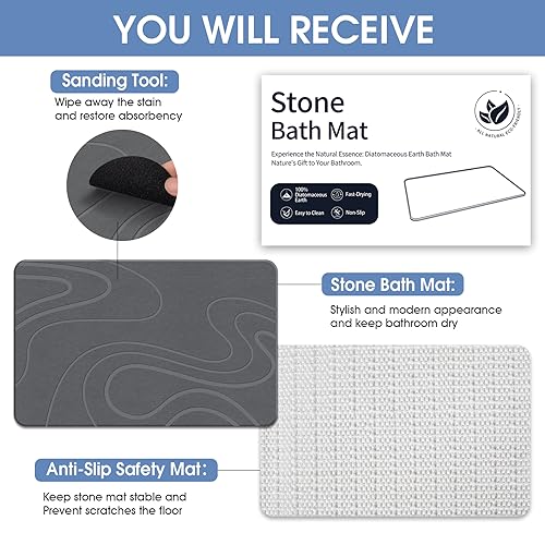 Stone Bath Mat Diatomaceous Earth Shower Mat Non-Slip Super Absorbent Diatomite Stone Bath Mats for Bathroom Floor Quick Drying Natural Easy to Clean