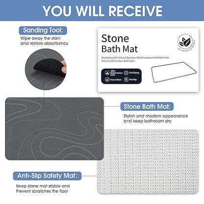 Stone Bath Mat Diatomaceous Earth Shower Mat Non-Slip Super Absorbent Diatomite Stone Bath Mats for Bathroom Floor Quick Drying Natural Easy to Clean