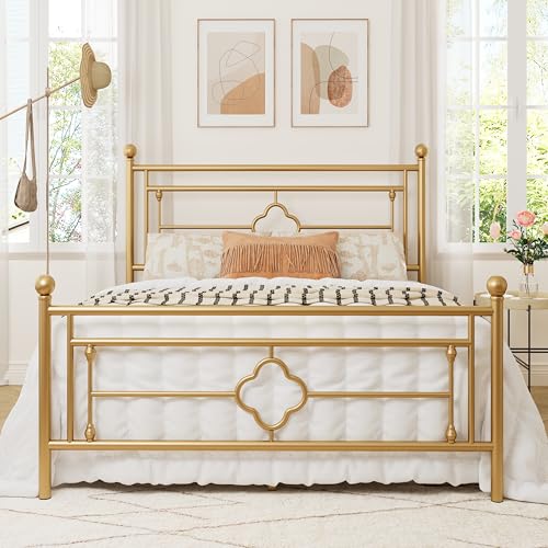 Queen Size Metal Platform Bed Frame, Victorian Hea... (Gold | Metal)