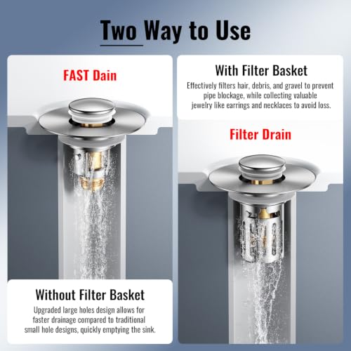 5-in-1 Bathroom Sink Stopper, 2 Pc Pop-Up Sink Drain Strainer with Removable Basket, Anti-Clog Strainer, Odor Blocking & One-Way Flow Design, Brass & Stainless Steel All Metal Made, Fit 1.1"–2.36"