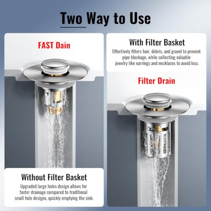 5-in-1 Bathroom Sink Stopper, 2 Pc Pop-Up Sink Drain Strainer with Removable Basket, Anti-Clog Strainer, Odor Blocking & One-Way Flow Design, Brass & Stainless Steel All Metal Made, Fit 1.1"–2.36"