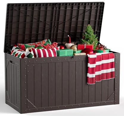 Outdoor Storage Box, 98 Gallon Deck Box, Outdoor Storage Bench, Waterproof Resin Storage Bench with Lockable Lid, Patio Furniture Cushions & Garden Tools Storage, UV Resistant (Brown)