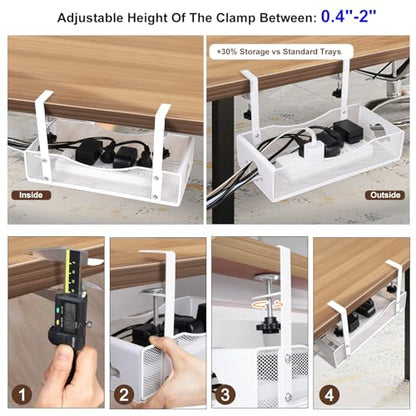 Extra Wide Under Desk Cable Management - 7inch No Drill Installation Cable Management Tray, Clamp/Screw Mount Desk Cable Management, Cable Management Tray for Office, Home((White, XL)