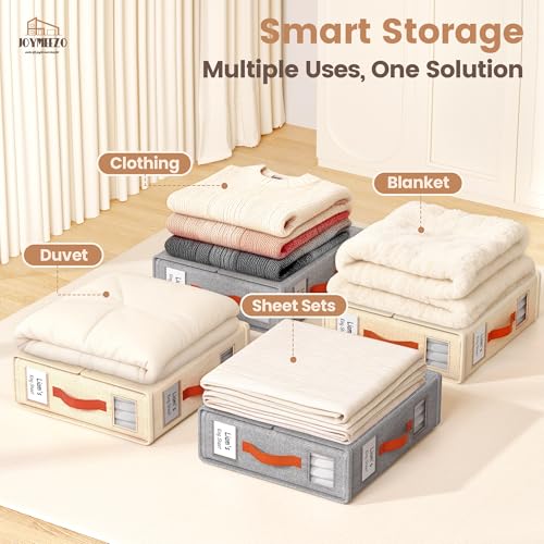 Bed Sheet Organizers, Foldable Linen Closet Storage, 6 Pack, Beige | Fits King/Queen sets, Durable linen boxes with inner elastic straps & dual-sided clear windows/labels for blankets & duvets