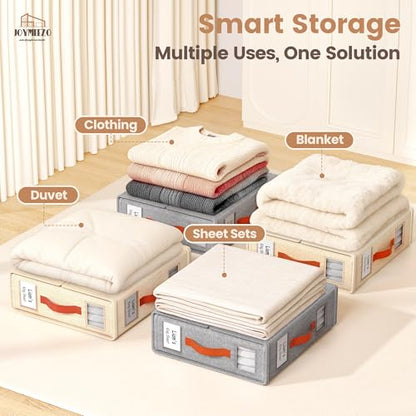Bed Sheet Organizers, Foldable Linen Closet Storage, 6 Pack, Beige | Fits King/Queen sets, Durable linen boxes with inner elastic straps & dual-sided clear windows/labels for blankets & duvets