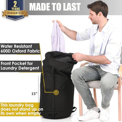 Backpack Laundry Bag, 115L Heavy Duty Extra Large College Laundry Backpack, Dirty Clothes Bag with Shoulder Straps, Laundry Hamper Bag with Drawstring Closure for College Dorm, Apartment Black