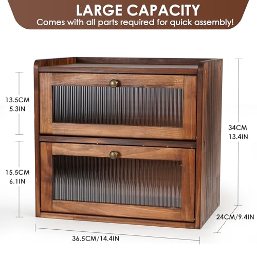 Sunhoo Bread Box for Kitchen Countertop Wooden Bread Storage Container Bin 2 Layer Breadbox Holder Large Capacity Keeper Vintage Farmhouse Food Organizer Pantry Shelf Acrylic Window (Brown)