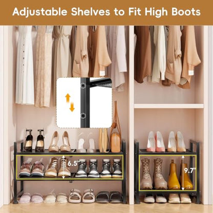 Retractable Shoe Rack, 2 Tier Heavy Duty Metal Mesh Shoe Organizer, Black