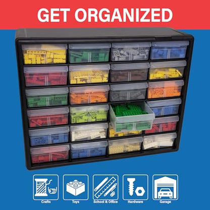 Akro-Mils 24-Drawer Plastic Storage Cabinet, 20" W x 6" D x 16" H, Black | Plastic Cabinet w/ Drawers for Garage Organization, Beads, Building Bricks Storage, Teacher Toolbox, Makeup Organizer, 10124