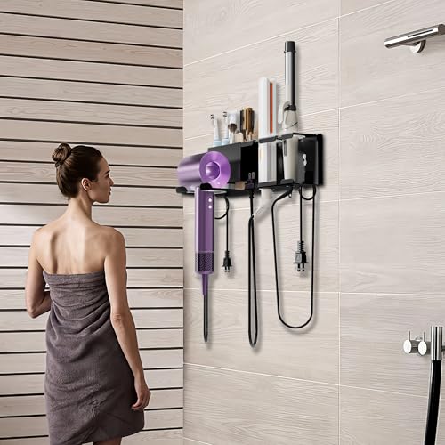 Hair Dryer Holder Wall Mounted, Adhesive and Screw Mounting, Black | Metal Hair Tools Organizer, Blow Dryer Holder for Dyson Dryer, Curling Iron, Straightener, Bathroom Hair Accessories