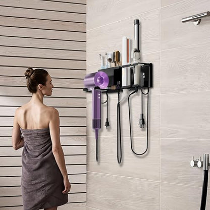 Hair Dryer Holder Wall Mounted, Adhesive and Screw Mounting, Black | Metal Hair Tools Organizer, Blow Dryer Holder for Dyson Dryer, Curling Iron, Straightener, Bathroom Hair Accessories