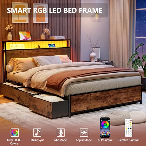 Forestell Queen Bed Frame with 2-Tier Storage Headboard & 6 Drawers