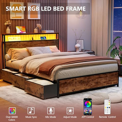 Forestell Queen Bed Frame with 2-Tier Storage Headboard & 6 Drawers