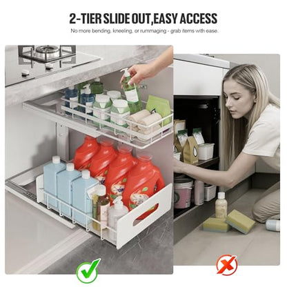 Under Sink Organizer Upgrade To Professional Rails,2-Tier Dual Pull Out Cabinet Storage,Height Adjustable Slide Out Drawers For Bathroom Kitchen,2 Pack-14.5" Dx12.8-16.9" H,White