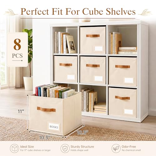 Storage Cubes 8 Pack, 11 Inch Fabric Storage Cubes Organizer Bins with Labels, Odor-Free & Sturdy PP Structure, Cubby Baskets for Closet, Shelves, Toys & Nursery (Beige)