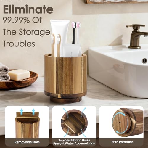 Toothbrush Holder for Bathrooms Toothpaste Organizer, Acacia Wood | Four Drainage Holes,Removable Divider,360° Rotating Base,Space-Saving,Farmhouse Style,for Bathroom Countertop,Shower,Vanity