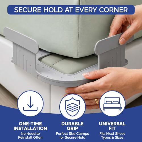 Bed Sheet Holder for Corners (4 Pack) – Keeps Sheets Tight & Wrinkle-Free – Fitted Sheet Clips & Fasteners for King Queen Twin Mattress – Durable Plastic Bedsheet Locker, Grey