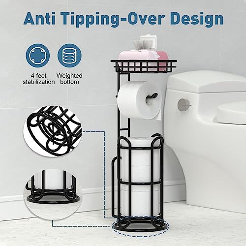 [Upgrade] Toilet Paper Holder Stand with Shelf Tissue Holders for Bathroom Free Standing Bath Tissue Roll Holder Magazine Rack for Mega Rolls/Phone/Wipe-Black