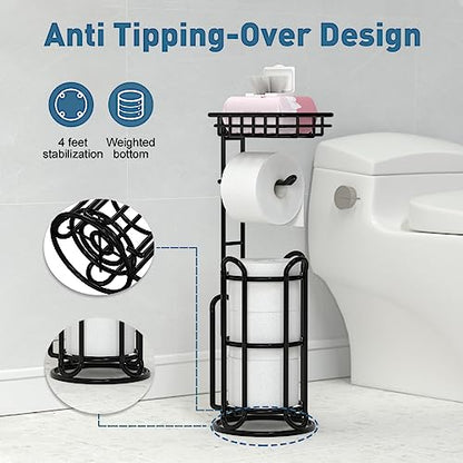 [Upgrade] Toilet Paper Holder Stand with Shelf Tissue Holders for Bathroom Free Standing Bath Tissue Roll Holder Magazine Rack for Mega Rolls/Phone/Wipe-Black