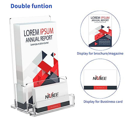 NIUBEE Acrylic Brochure Holder 4‘’, Pamphlet Rack Card Flyer Display Stand | 3mm thick acrylic stand combining brochure holder and business card slot, stable freestanding design for commercial scenes