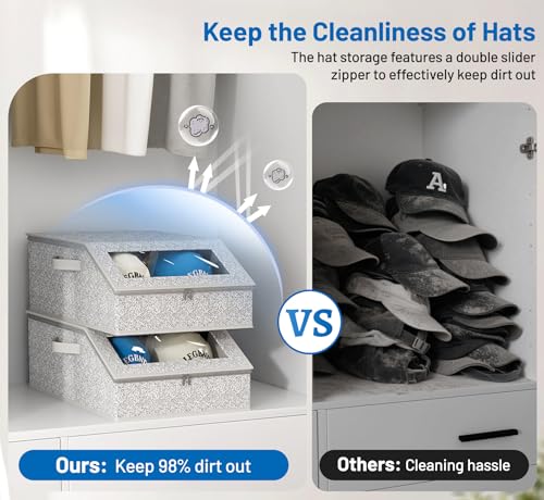 Sturdy Hat Storage for Baseball Caps, Holds up to 24 Caps Clear Hat Organizer for Closet, Bedroom, Wide Hat Box with Cardboard (Grey)
