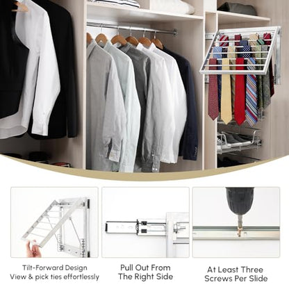 Blulu 13.8'' Sliding Tie Rack for Closet(Right Pull-Out), 60 Tie Pull Out Belt Hanger Wall Mounted Extending Metal Belt Organizer,Sliver