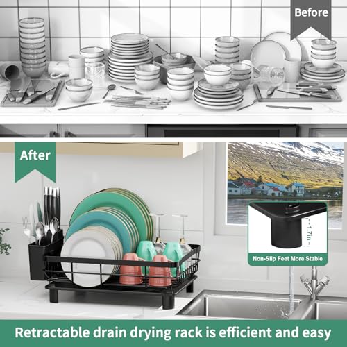Dish Drying Rack with Drainboard for Kitchen Counter, Black | 13×17 Large Capacity/Rustproof Stainless Steel/Fast Drainage Dish Drainer/Removable Utensil Holder/Kitchen Counter Organizer