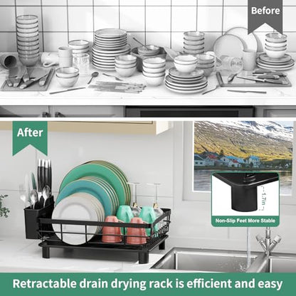 Dish Drying Rack with Drainboard for Kitchen Counter, Black | 13×17 Large Capacity/Rustproof Stainless Steel/Fast Drainage Dish Drainer/Removable Utensil Holder/Kitchen Counter Organizer