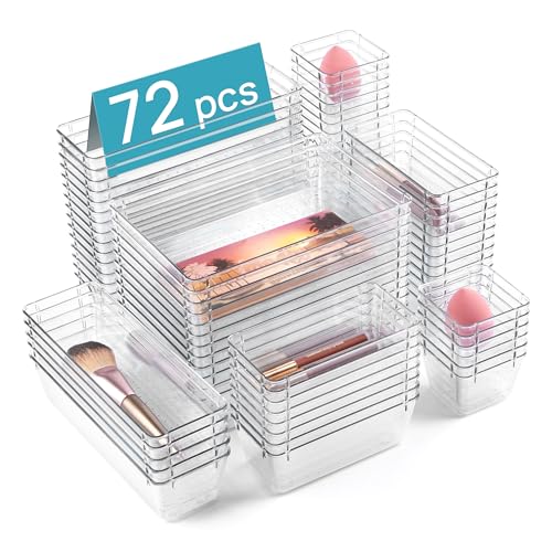 72 PCS Clear Plastic Drawer Organizers Set, 4-Size... (72 Count | Clear | Plastic)