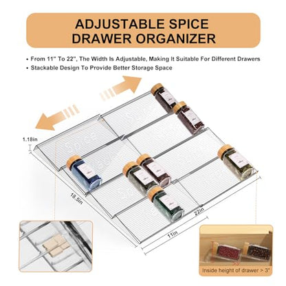 24 Spice Jars with Spice Drawer Organizer, 355 Spice Labels, 2 Pack Expandable From 11'' to 21'' Acrylic Spice Rack for Drawer, Seasoning Containers Storage Organization for Kitchen Cabinet Countertop