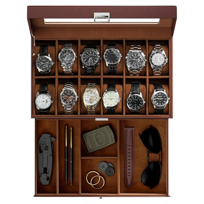ProCase Watch Box, 12 Slot Watch Case for Men with Drawer, Espresso | 2-Layer Watches Display Case with Glass Lid, Mens Jewelry Box Storage Holder Organizer, Anniversary Christmas Birthday Gift