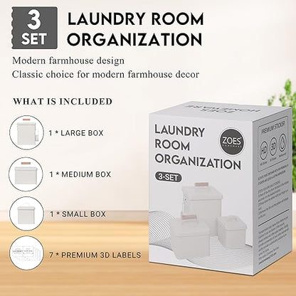 ZOES HOMEWARE 3-Set Laundry Room Organization and Storage | Modern Farmhouse Laundry Room Decor | Laundry Container for Organizing Laundry Pods, Laundry Powder, Dryer Sheets, Dryer Balls, Cream White