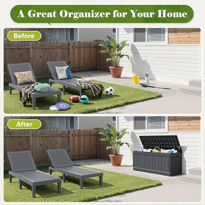 Flamaker Outdoor Storage Box 80 Gallon Resin Waterproof Deck Box | Delivery Box with Wood Texture Large Storage Bin for Patio Cushions, Garden Tools, Pool Gears