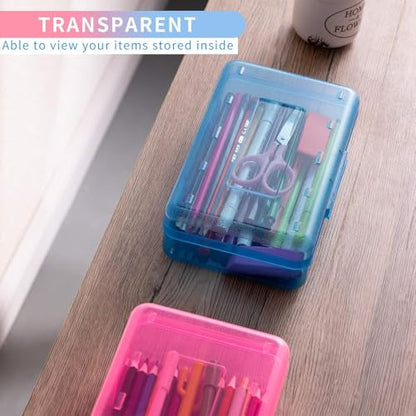 Sooez 3 Pack Pencil Case, Large Hard Pencil Box Bulk, Clear Crayon Box | Marker Pen Organizer, Plastic Storage Container with Snap Lid, Stackable Art Craft Organizer Back to School Supplies