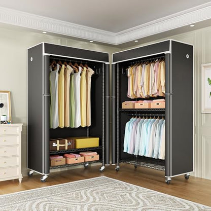 Clothing Rack with Cover, P1C Rolling Closets with Wheels, Metal Garment Rack for Hanging Clothes, Clothing Storage Wardrobe with Cover, 36.2" W x 16.5" D x 80.5" H, Black, Load 450 Pounds