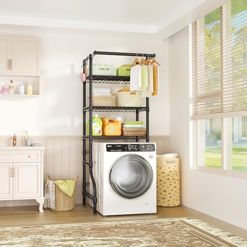 U11 Mini Over Washer and Dryer Shelves, 3 Tiers Laundry Room Storage and Organizer Standing Shelf, Metal Freestanding Clothes Drying Rack, 28.3”W x 19.7”D x 77.6”H, Black