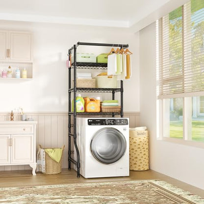 U11 Mini Over Washer and Dryer Shelves, 3 Tiers Laundry Room Storage and Organizer Standing Shelf, Metal Freestanding Clothes Drying Rack, 28.3”W x 19.7”D x 77.6”H, Black