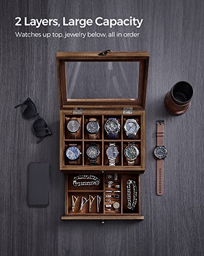 SONGMICS GISELLA Collection - 8-Slot Watch Box, 2-Tier Watch Display Case with Large Glass Lid, Removable Pillows, Velvet Lining, Jewelry Box, Gift Idea, Brown UJOW008K01