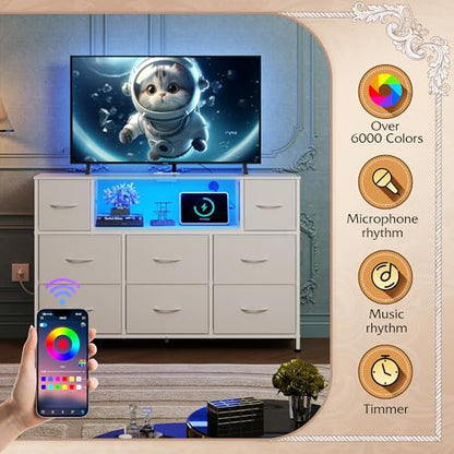 WLIVE LED Dresser TV Stand for 55 Inch TV, 8 Drawers, White | Fits TVs up to 55 inch, 8 fabric drawers, LED chest of drawers, Built-in power outlet, Living room or bedroom