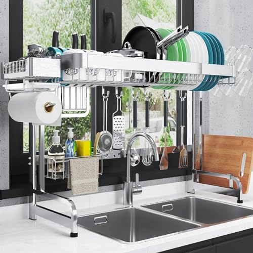 LIVOD Over The Sink Dish Drainer Drying Rack, 2 Tier Full Stainless Steel Storage Adjustable Length Kitchen Rack, Multifunctional Expandable Counter Organizer, Space Saver Dish Rack
