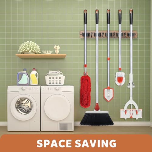 IMILLET Broom Holder Wall Mount, Rustic Broom Hanger for Laundry Room | Wood Broom and Mop Organization and Storage, Mop Holder for Home Decor, Garden, Garage, Closet, 5 Racks and 4 Hooks, Brown