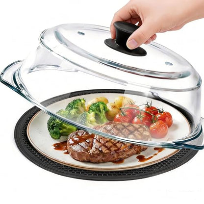 Glass Microwave Splatter Cover for Food with Microwave Place Mat - Sturdy Plate Guard Lid with Vent Holes and Easy-Grip Silicone Handle - BPA Free, Dishwasher Safe (Black)