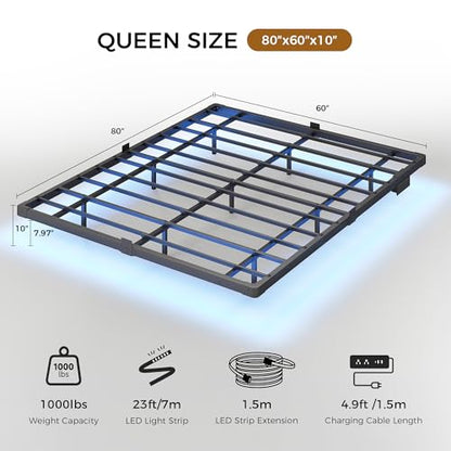 Floating Bed Frame Queen Size, 10" Comfort Height, 4-Side Underbed RGB LED Lights & Charging Station, Metal Platform Bed No Box Spring Needed, Noise-Free, Sturdy 1000lbs Support for Bedroom