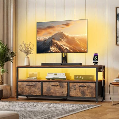 TV Stand with Mount, Entertainment Center for 55 60 65 inch, Brown | TV Console with Drawers & Led Lights, AC Outlets & USB Ports, For Living Room, Bedroom, Height Adjustable, Swivel TV Cabinet