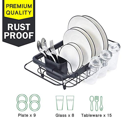 TOOLF Dish Drying Rack in Sink, Dish Drainer with Cup and Utensil Holder | Over The Sink Expandable Stainless Steel Strainer Dryer Rack for Small Kitchen, Counter Space Saving, Fast Drain, Rustproof