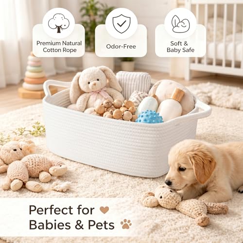 OIAHOMY Cotton Rope Gift Basket Empty with Bags & Ribbons, Woven Baby Shower Basket for Nursery & Pet Toys, Ideal Personalized Gift for Holidays, Birthdays & Decor, White