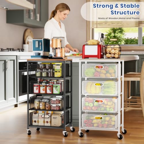 Kitchen Cart with Drawers, Lockable Wheels with Wooden Top, Black | 4 Tier Metal Rolling Utility Cart Organizer, Fruit Vegetable Storage Rack Also for Cans, Snack, Craft, Art, Office, Beauty